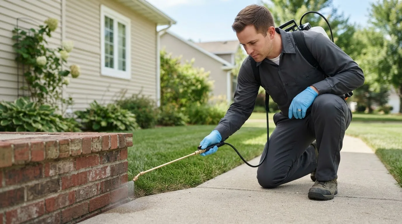 Pest control technician treating a home near Harbeson, DE